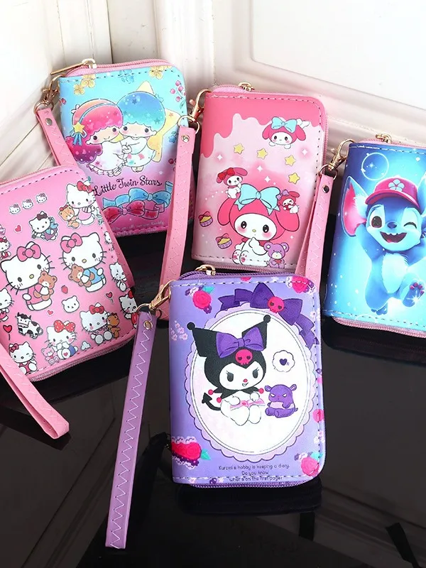 Cute Cartoon Coin Purse Wristlet – Hello Kitty Stitch Mickey Printed Small Pouch with Handle, Multi-Purpose Mini Storage Bag for Kids, Teens & Adults
